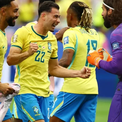 Soccer Football - FIFA World Cup 2026 - Round of 32 - Brazil v Japan - Houston Stadium, Houston, Texas, U.S. - June 29, 2026 Brazil's Matheus Cunha, Gabriel Martinelli and Alisson Becker celebrate after the match REUTERS/Phil Noble