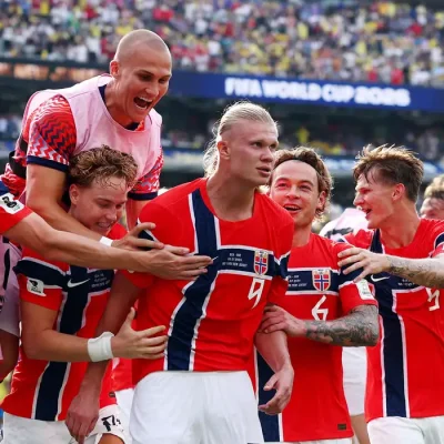 Soccer Football - FIFA World Cup 2026 - Round of 16 - Brazil v Norway - New York New Jersey Stadium, East Rutherford, New Jersey, U.S. - July 5, 2026
Norway's Erling Haaland celebrates scoring their second goal with teammates IMAGN IMAGES via Reuters/Vincent Carchietta     TPX IMAGES OF THE DAY
