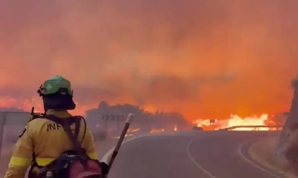 Handout footage from the Forest Fire Extinction Service of Andalusia showing personnel fighting wildfires in Almeria. Video. Foto: @Plan_INFOCA/Reuters