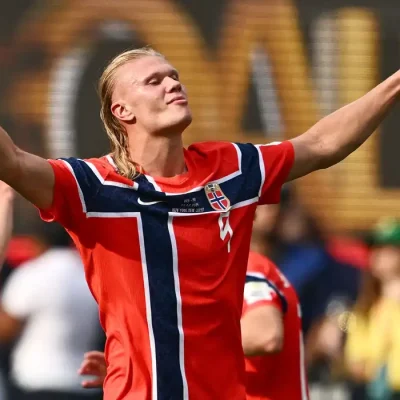 Soccer Football - FIFA World Cup 2026 - Round of 16 - Brazil v Norway - New York New Jersey Stadium, East Rutherford, New Jersey, U.S. - July 5, 2026
Norway's Erling Haaland celebrates scoring their second goal REUTERS/Dylan Martinez