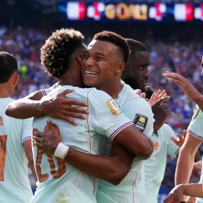 Soccer Football - FIFA World Cup 2026 - Quarter Final - France v Morocco - Boston Stadium, Foxborough, Massachusetts, U.S. - July 9, 2026 France's Kylian Mbappe celebrates scoring their first goal with Desire Doue and Michael Olise IMAGN IMAGES via Reuters/David Butler Ii