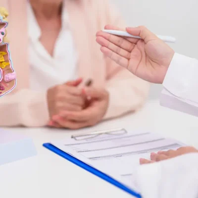 Consulta de paciente idosa com médico para doença do cólon, intestino grosso, câncer colorretal , colite ulcerativa, diverticulite, síndrome do intestino irritável, sistema digestivo e cuidados de saúde. Foto: Jo Panuwat D/ Adobe Stock