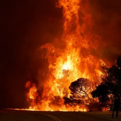 Um homem grava imagens enquanto a fumaça e as chamas se elevam de um incêndio florestal próximo a Agia Paraskevi, na Grécia, em 1º de agosto de 2026. REUTERS/Louisa Gouliamaki/Proibida Reprodução