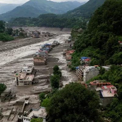 A drove view of mud covered properties following a flash flood at Trishuli in Nuwakot district, Nepal, August 26, 2026. REUTERS/Navesh Chitrakar