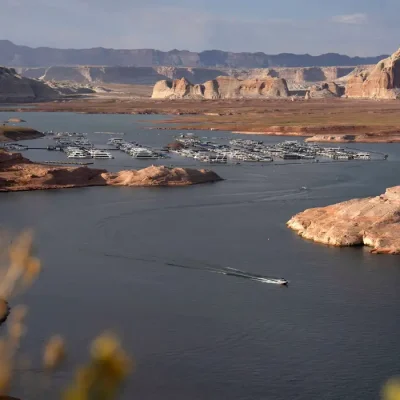 A boat departs from Wahweap Marina on Lake Powell, as the critical reservoir sits at its lowest ever recorded water level, in Glen Canyon National Recreation Area near Page, Arizona, U.S. August 30, 2026. REUTERS/Rebecca Noble