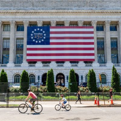 FILE PHOTO: A Freedom 250 flag hangs on the U.S. Department of Agriculture, ahead of the 250th anniversary of U.S. Independence, on the National Mall in Washington, D.C., U.S., June 16, 2026. REUTERS/Eric Lee/File Photo