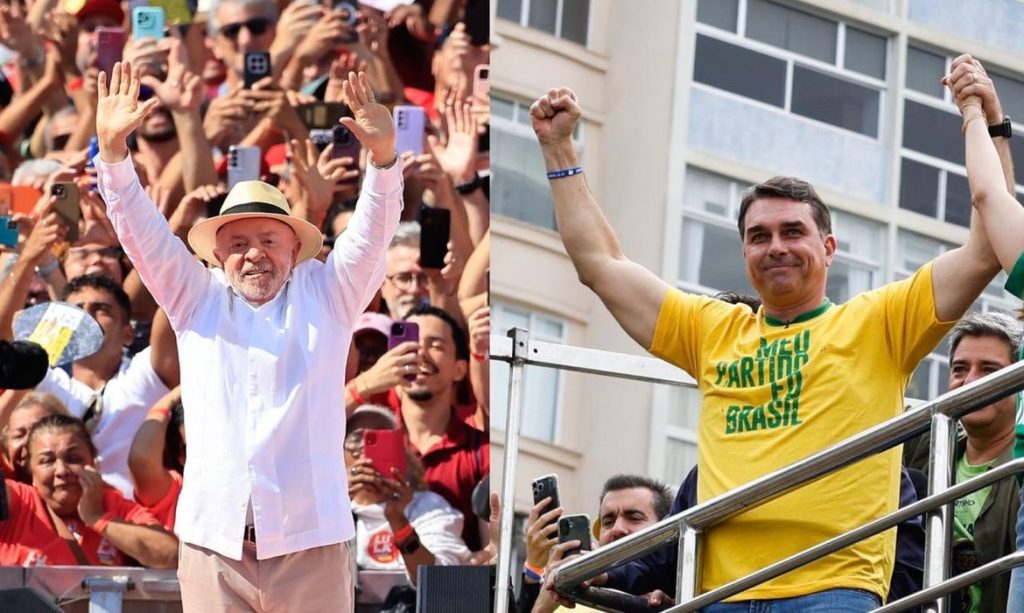 Presidente Luiz Inácio Lula da Silva e o Senador Flávio Bonsonaro no primeiro dia de campanha. Fotos: Paulo Pinto e Fernando Frazão/ Agência Brasil