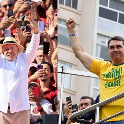 Presidente Luiz Inácio Lula da Silva e o Senador Flávio Bonsonaro no primeiro dia de campanha. Fotos: Paulo Pinto e Fernando Frazão/ Agência Brasil