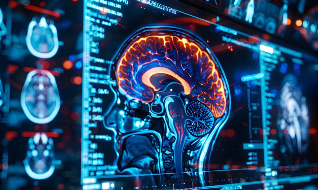 Exame de ressonância magnética de um cérebro afetado por um Acidente Vascular Cerebral, mostrando áreas de isquemia e hemorragia. Foto NeuroGraphix Studio/ AdobeStock
