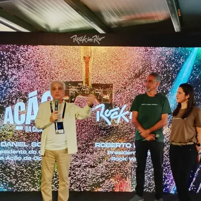 Presidente da Rock World, Roberto Medina; presidente do Conselho da Ação da Cidadania, Daniel de Souza; e a diretora de Marketing do Rock in Rio e The Town, Ana Deccache no anúncio da campanha Rock in Rio e Ação da Cidadania contra a Fome. Foto: Cristina Indio do Brasil