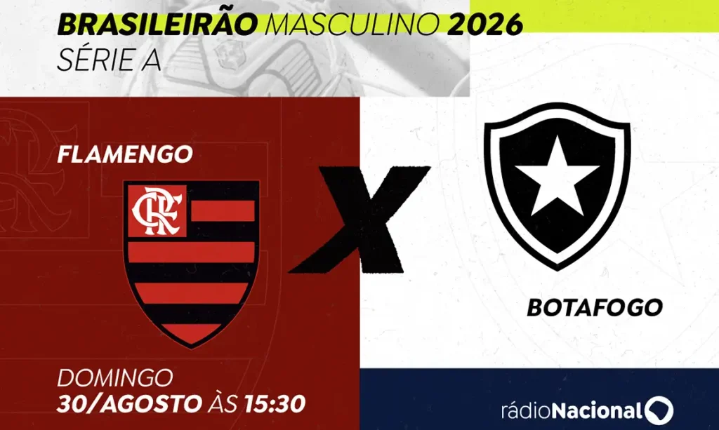 Brasília (DF), 28/08/2026 - Neste domingo (30), Rádio Nacional transmite clássico Flamengo x Botafogo pela 25ª rodada do Brasileirão. Arte/Agência Brasil