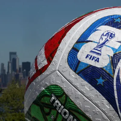 FILE PHOTO: A blow up soccer ball of the Trionda, the official match ball of the FIFA World Cup 2026, stands during a press conference announcing an official fan zone for the area in New York City, U.S., April 27, 2026. REUTERS/Shannon Stapleton/File Photo