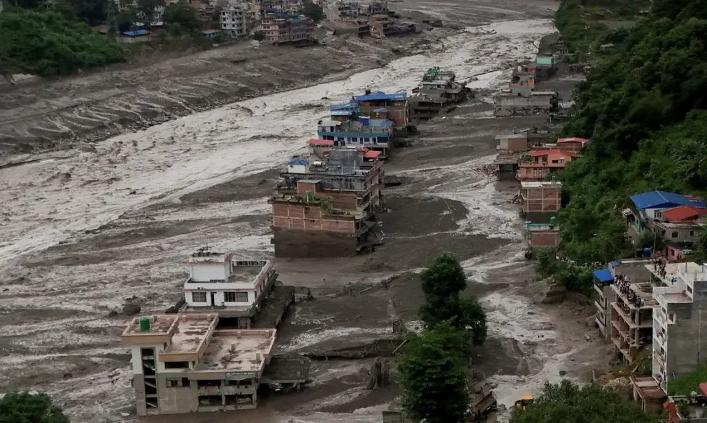 A drove view of mud covered properties following a flash flood at Trishuli in Nuwakot district, Nepal, August 26, 2026. REUTERS/Navesh Chitrakar TPX IMAGES OF THE DAY