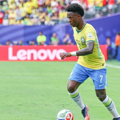 FILE PHOTO: Jul 5, 2026; East Rutherford, New Jersey, USA; Brazil forward Vinicius Junior (7) in action against Norway during a Round of 16 match of the 2026 FIFA World Cup at New York New Jersey Stadium. Mandatory Credit: Vincent Carchietta-Imagn Images/File Photo