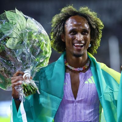 Athletics - Diamond League - Brussels - King Baudouin Stadium, Brussels, Belgium - September 5, 2026
Brazil's Alison dos Santos celebrates after winning the men's 400m hurdles final REUTERS/Piroschka Van De Wouw
