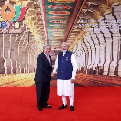 India’s Prime Minister Narendra Modi shakes hands with United Nations Secretary-General Antonio Guterres at Bharat Mandapam, the venue of BRICS Summit in New Delhi, India, September 13, 2026. India's Ministry of External Affairs/Handout via REUTERS THIS IMAGE HAS BEEN SUPPLIED BY A THIRD PARTY. NO ARCHIVES. NO RESALES.