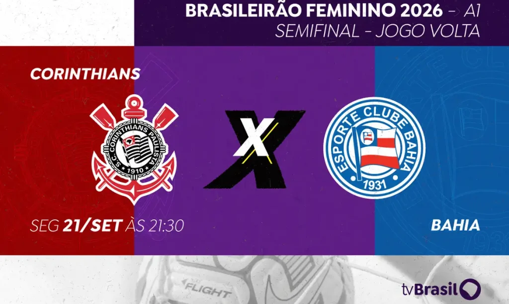 Brasília (DF), 21/09/2026 - TV Brasil transmite duelo de volta entre Corinthians e Bahia pela semifinal do Brasileirão Feminino.
Arte Marketing EBC