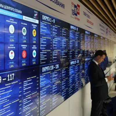 Tela exibe resultados das eleições parlamentares da Rússia em Moscou
21 de setembro de 2026 REUTERS/Shamil Zhumatov
