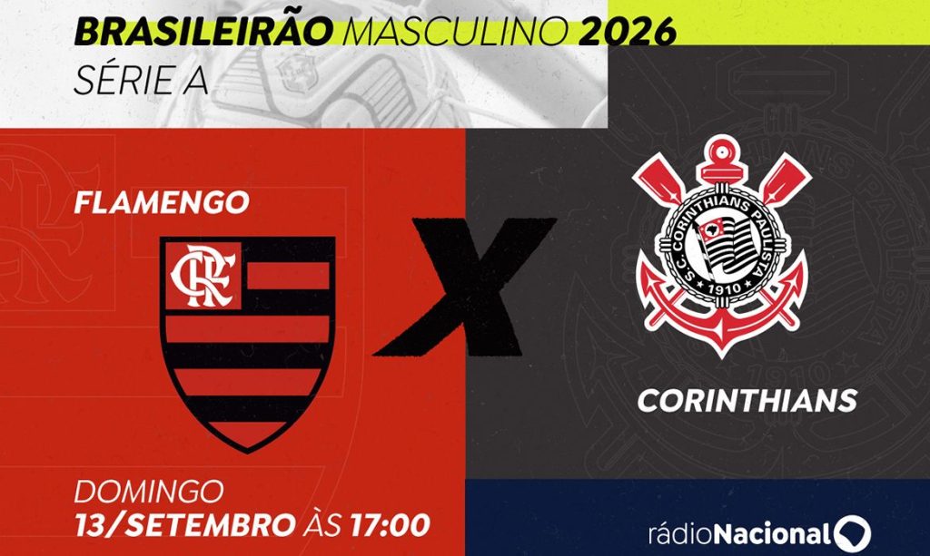 Brasília (DF), 11/08/2026 - Rádio Nacional transmite clássico nacional entre Flamengo e Corinthians. Arte/Agência Brasil