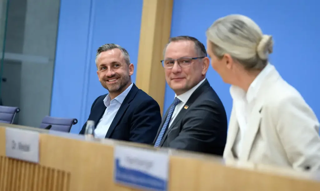 Alice Weidel (right) and Tino Chrupalla (center), the national chairpersons of the AfD, speak alongside Ulrich Siegmund (left), the AfD's top candidate in Saxony-Anhalt, at the Federal Press Conference regarding the results of the state election in Saxony-Anhalt.