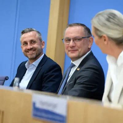 Alice Weidel (right) and Tino Chrupalla (center), the national chairpersons of the AfD, speak alongside Ulrich Siegmund (left), the AfD's top candidate in Saxony-Anhalt, at the Federal Press Conference regarding the results of the state election in Saxony-Anhalt.