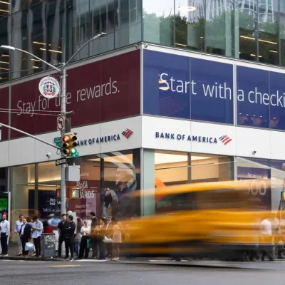 People walk by a Bank of America office in New York City, U.S., September 1, 2026. REUTERS/Jordan Tovin