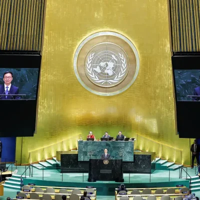O vice-presidente da China, Han Zheng, discursa na 81ª Assembleia Geral das Nações Unidas, em Nova York, EUA
26 de setembro de 2026
REUTERS/Eduardo Munoz/Proibida Reprodução