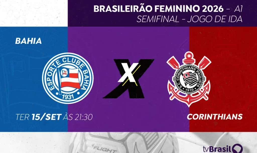 Brasília (DF), 14/09/2026 - TV Brasil transmite semifinal do Brasileirão Feminino entre Bahia e Corinthians nesta terça (15).
Arte EBC