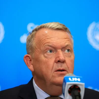 Denmark's Foreign Minister Lars Loekke Rasmussen speaks at the stakeout before a meeting of the United Nations Security Council, at the U.N. headquarters in New York City, U.S., August 24, 2026.  REUTERS/Brendan McDermid