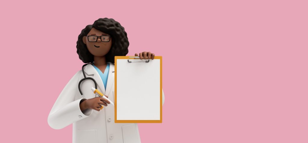 Ilustração de uma profissional de saúde negra, de óculos e jaleco branco, segurando uma prancheta com folha em branco em um fundo rosa.