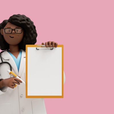 Ilustração de uma profissional de saúde negra, de óculos e jaleco branco, segurando uma prancheta com folha em branco em um fundo rosa.