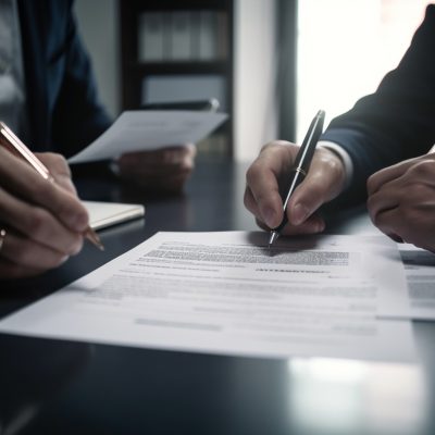 Duas pessoas vestindo terno assinam um documento com canetas sobre uma mesa.