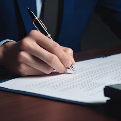 homem, sem aparecer o rosto, sentado à mesa, assinando um docuimento.