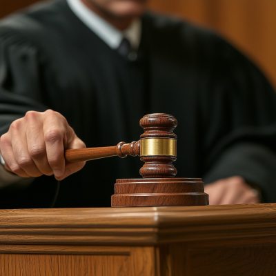 Imagem de um um homem, vestido com uma toga preta, batendo um martelo sobre a mesa